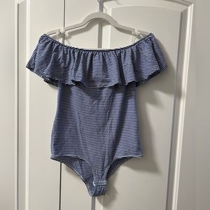 Jcrew blue and white striped bodysuit with ruffles